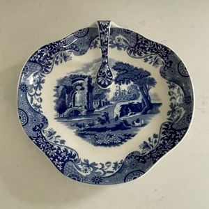 Spode Italian handled dish, Spode serving bowl, blue and white bowl with handle
